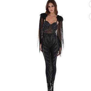 Dark Angel Black Jumpsuit with Leaf Design
